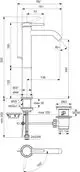 Ideal Standard Armatur mit einem schlanken Design und Bedienhebel, angebracht an einer Basis mit Abflussanschluss. Technische Zeichnung mit Maßen und Installationshinweisen.